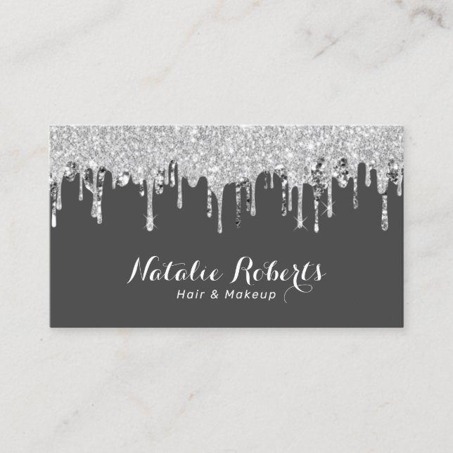 Hair Stylist & Makeup Artist Silver Glitzer Tropfe Visitenkarte (Vorderseite)