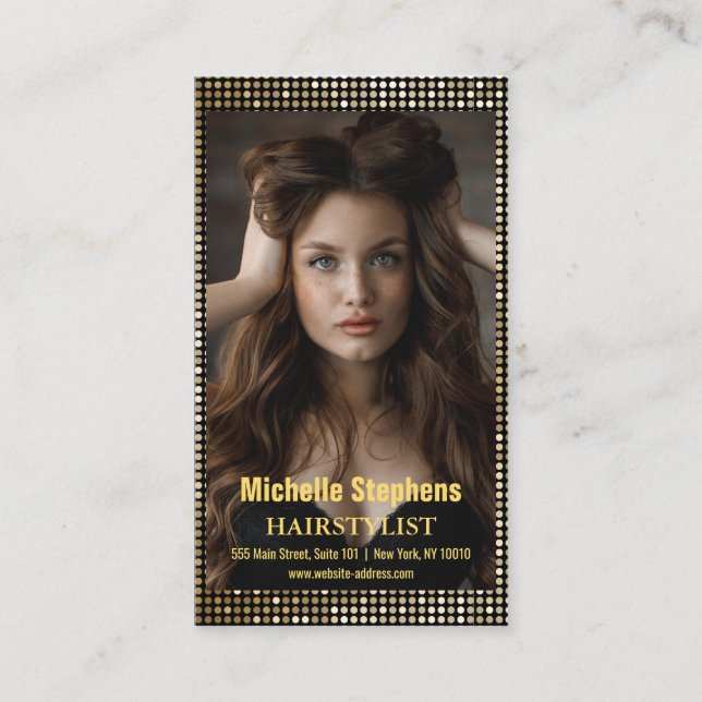 Hair Stylist Metallic Gold + Black QR Code Visitenkarte (Vorderseite)