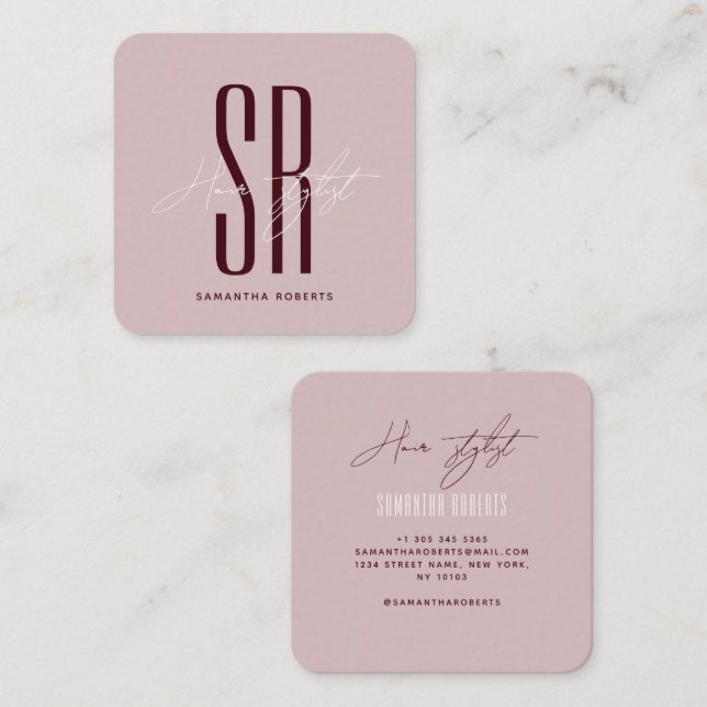 Hair stylist modern blue monogram initials quadratische visitenkarte (Vorne/Hinten)
