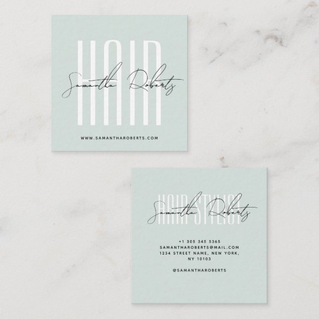 Hair stylist modern typography script blue quadratische visitenkarte (Vorne/Hinten)