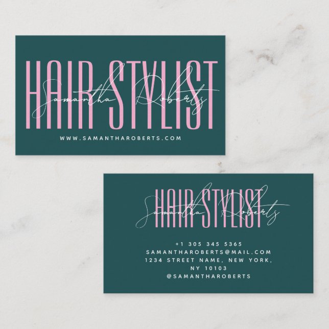 Hair stylist modern typography script green pink visitenkarte (Vorne/Hinten)