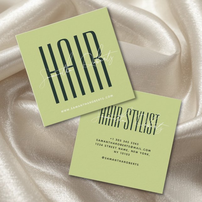 Hair stylist modern typography script green quadratische visitenkarte (Von Creator hochgeladen)