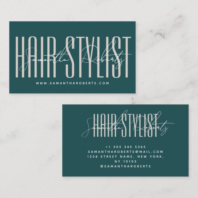 Hair stylist modern typography script green visitenkarte (Vorne/Hinten)
