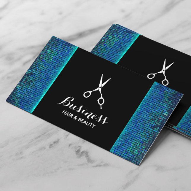 Hair Stylist Modernes Blue Aquamarin Sequins Salon Visitenkarte (Von Creator hochgeladen)