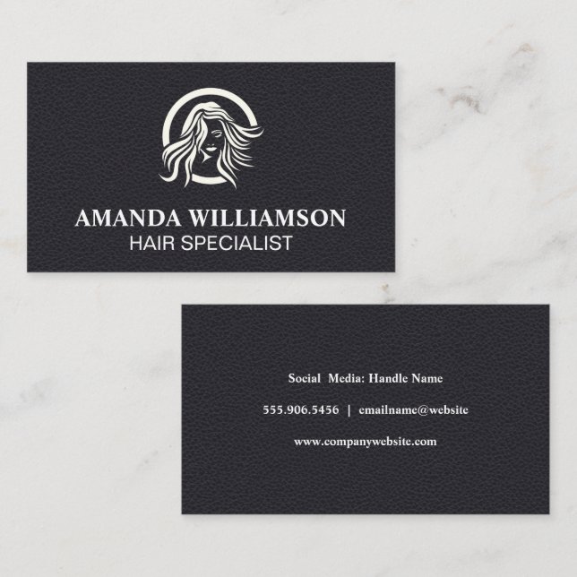 Hair Stylist Modernes Logo schwarze Leder Visitenkarte (Vorne/Hinten)