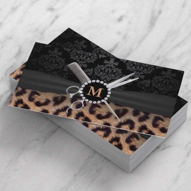 Hair Stylist Monogram Modern Leopard Print Visitenkarte (Von Creator hochgeladen)