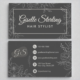 Hair Stylist Moody Charcoal Grau Floral Moderne Visitenkarte