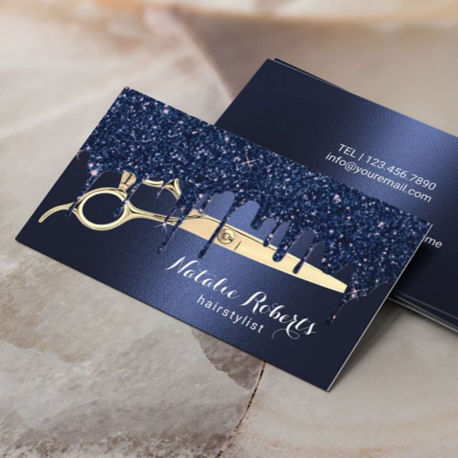 Hair Stylist Navy Blue Glitzer Tropfens Beauty Sal Visitenkarte (Von Creator hochgeladen)