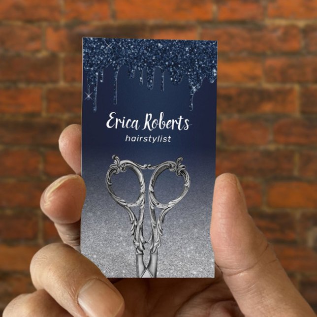 Hair Stylist Navy Blue Tropfens Silver Glitzer Sal Visitenkarte (Von Creator hochgeladen)