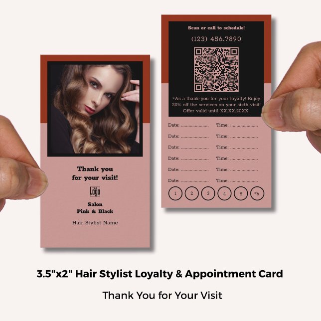 Hair Stylist Pink Black & Red Danke, Loyalty & Terminkarte (Hair Stylist Pink Black & Red Thank You, Loyalty & Appointment Card; Standard Size: 3.5x2 Inch)