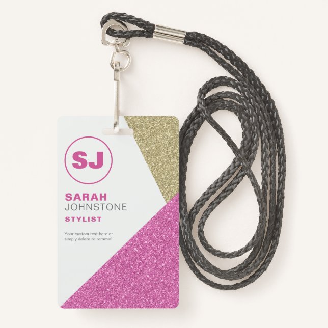 Hair Stylist Pink & Gold Glitzer Initial Ausweis (Vorderseite mit Schlüsselband)
