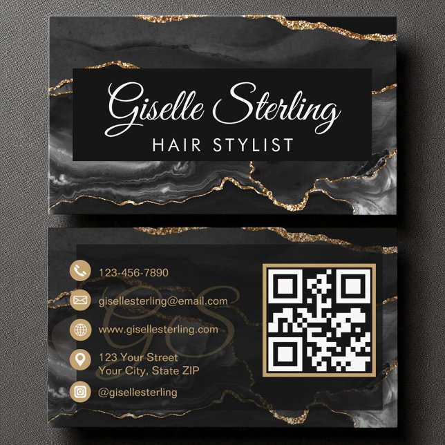 Hair Stylist QR Code Black Gold Agate Luxus Visitenkarte (Von Creator hochgeladen)