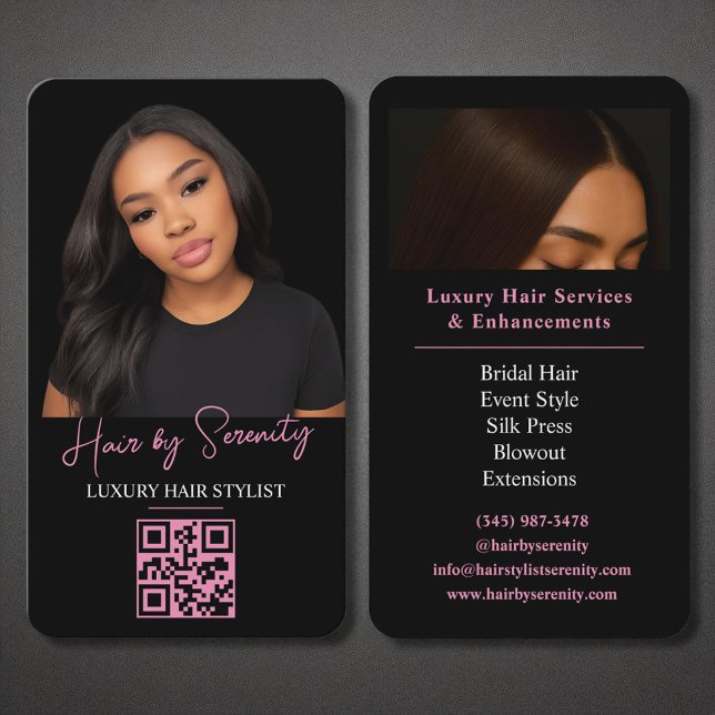 Hair Stylist QR Code Luxus Black Pink Schönheit Visitenkarte (Von Creator hochgeladen)