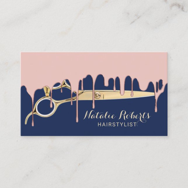 Hair Stylist Rose Gold Dripping Navy Blue Salon Visitenkarte (Vorderseite)