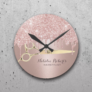 Hair Stylist Rose Gold Glitzer Tropfen Moderner Sa Runde Wanduhr
