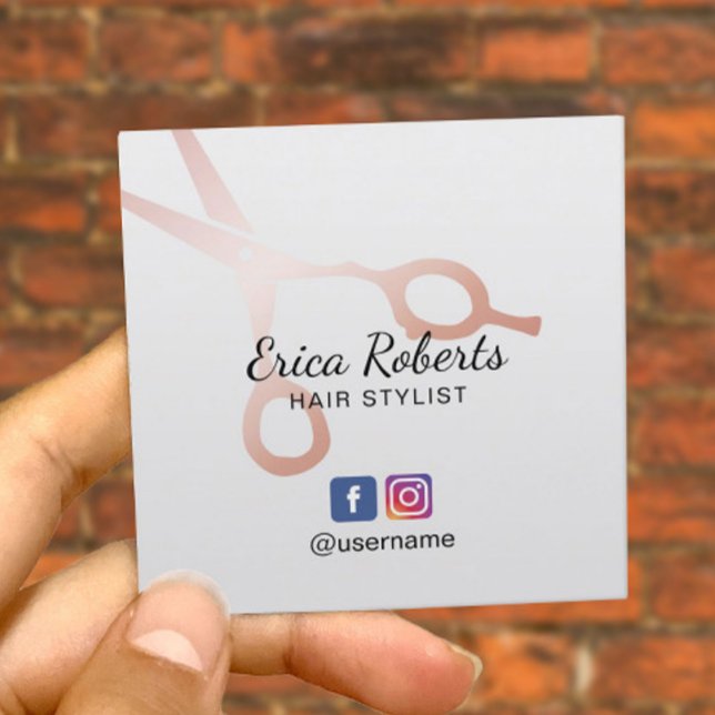 Hair Stylist Rose Gold Schere Salon Social Media Quadratische Visitenkarte (Von Creator hochgeladen)