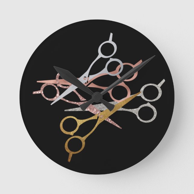 Hair Stylist Rose Gold Silver Glitzer Schere Runde Wanduhr (Vorderseite)