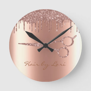 Hair Stylist Rose Gold Tropfen Glitzer Scheren Runde Wanduhr