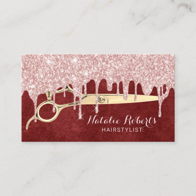 Hair Stylist Rose Gold Tropfen Roter Velvet Salon Visitenkarte (Vorderseite)
