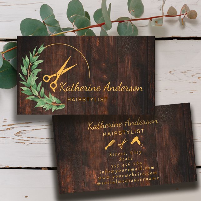 Hair Stylist Rustic Wood Greenery Gold Visitenkarte (Hair Stylist Rustic Wood Greenery Gold Business Card)