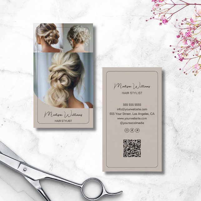 Hair Stylist Salon Custom 3 Fotos QR Code Beige Visitenkarte (Hair Stylist Salon Custom 3 Photos QR Code Beige Business Card)