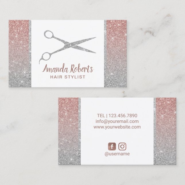Hair Stylist Schere Rose Gold & Silver Glitzer Visitenkarte (Vorne/Hinten)