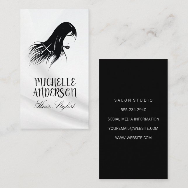 Hair Stylist | Schwarze Haare Visitenkarte (Vorne/Hinten)