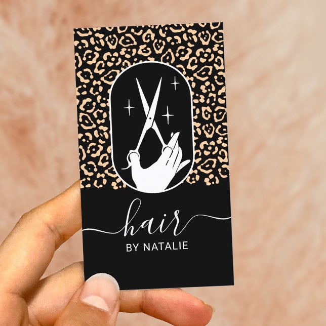 Hair Stylist Scissor & Hand Logo Leopard Salon Visitenkarte (Von Creator hochgeladen)