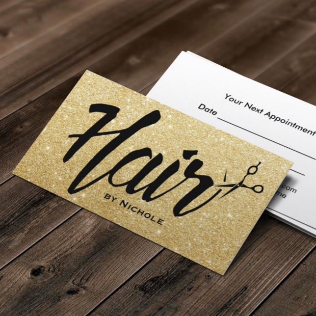 Hair Stylist Script Chic Gold Glitzer Ernennung Terminkarte (Von Creator hochgeladen)