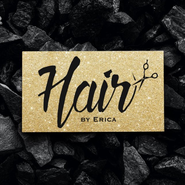 Hair Stylist Script Modernes Gold Glitzer Friseur  Visitenkarte (Von Creator hochgeladen)