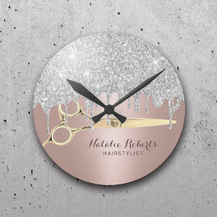 Hair Stylist Silver Glitzer Tropfen Rose Goldsalon Runde Wanduhr