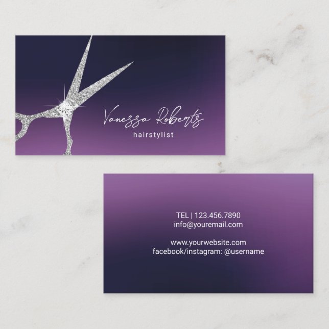 Hair Stylist Silver Scissor Deep Lila Salon Visitenkarte (Vorne/Hinten)