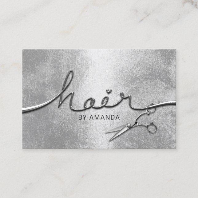 Hair Stylist Stilvoller Silver 3D Typografy Salon Terminkarte (Vorderseite)