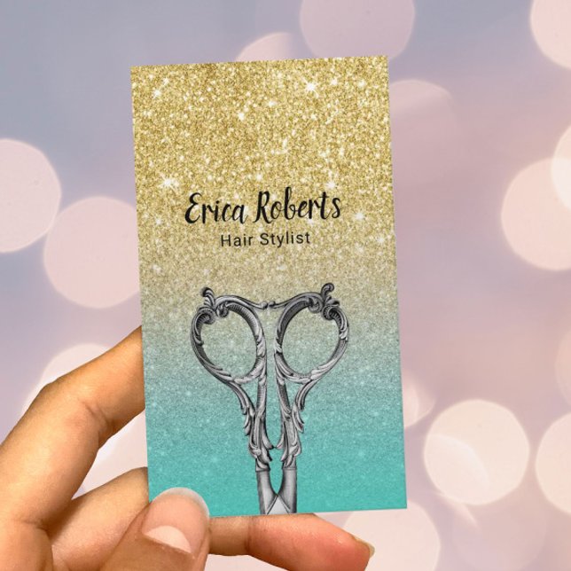 Hair Stylist Trendy Gold & Turquoise Glitzer Visitenkarte (Von Creator hochgeladen)