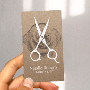 Hair Stylist Vintag Scissor & Blume Rustic Kraft Visitenkarte