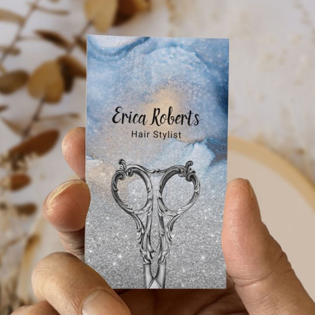 Hair Stylist Watercolor Blue Silver Glitzer Visitenkarte (Von Creator hochgeladen)