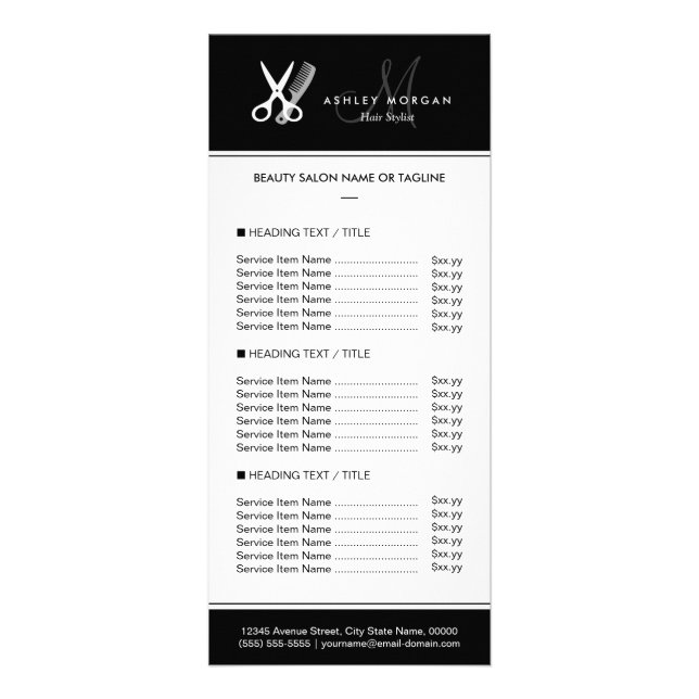 Hair Stylo Salon Moderne Noir Blanc Prix Menu (Devant)