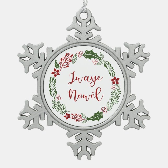 Haitianischer Kreolisch Frohe Weihnachtsfeier Jway Schneeflocken Zinn-Ornament (Vorderseite)
