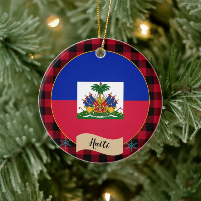 Haitis rotes Büffel kariert & Haitianische Flagge Keramik Ornament (Baum)
