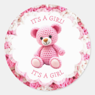 Häkeln Teddy Bär Rosa Es ist ein Mädchen Runder Aufkleber