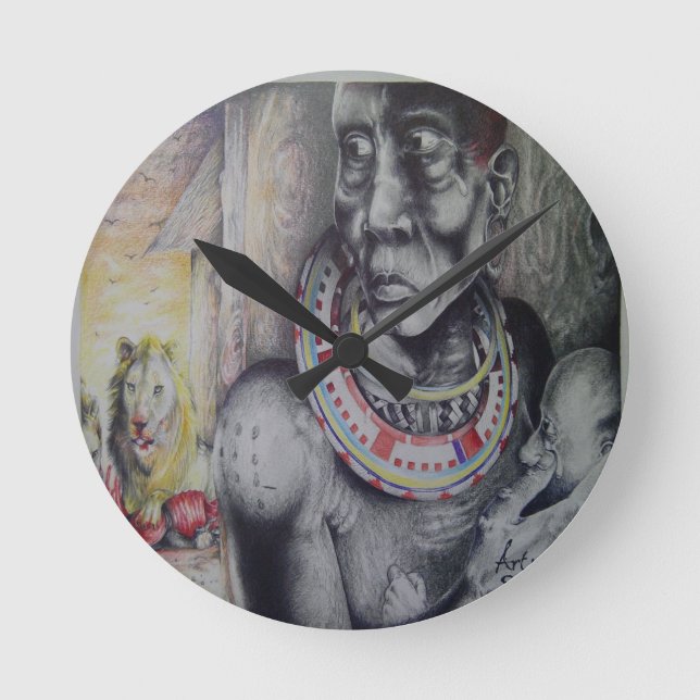 Hakuna Matata mit Löwen und Masai.jpg Runde Wanduhr (Vorderseite)