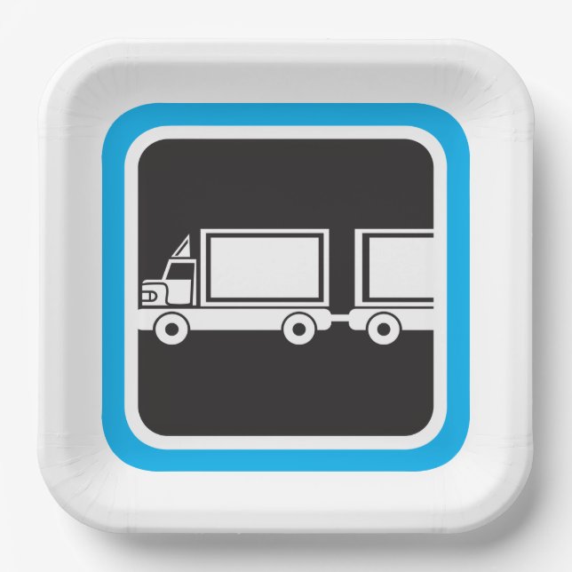 Halb-LKW und Anhänger blaues Symbol Pappteller (Vorderseite)
