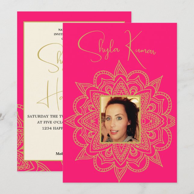 Halb-Saree-Zeremonie Indianerpink Gold Einladung (Vorne/Hinten)