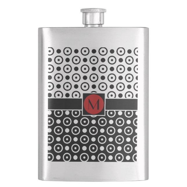 Halb Schwarz Halb Weiß Polka Punkte mit Monogramm Flachmann (Vorderseite)
