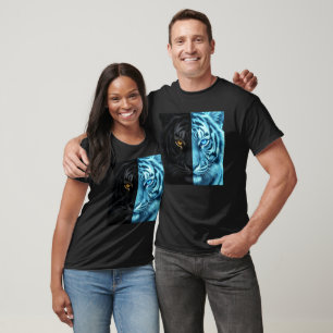 Halb schwarzes, halb blaues Feuer-Tiger-Gesicht Di T-Shirt