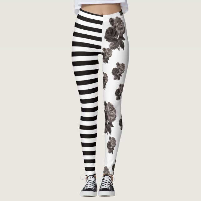 Halb und halb Streifen-Rosen-Schwarzweiss-Blumen Leggings (Vorderseite)