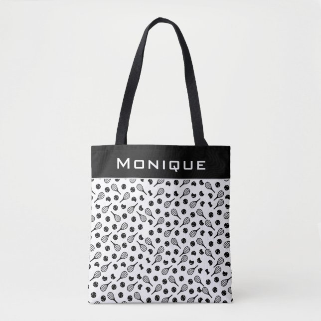 Halbe Tennisbälle und Rackets Personalisiert Name Tasche (Vorderseite)