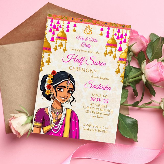 Halbfeier Saree niedliche Goldglocken für indische Einladung (Half saree template invitation cute Indian girl in cerise and gold sari bells tassel garlands Ganesh)