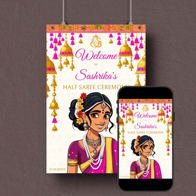Halbfeier Saree niedliches indisches Mädchen Begrü Poster (Half saree ceremony welcome sign poster instant download cute Indian girl cerise gold bells Ganesha)