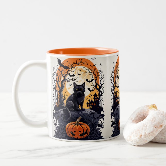 Halbkugel mit schwarzer Katze mit nächtlichem Mond Zweifarbige Tasse (Mit Donut)